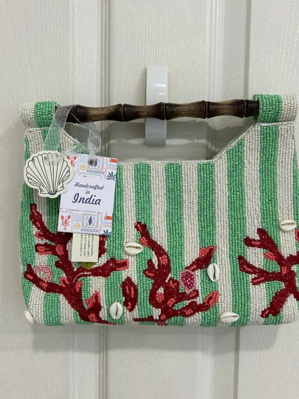 Beaded Bag Made In Striped Seaweed Seashells Clutch Bamboo Handles NWT